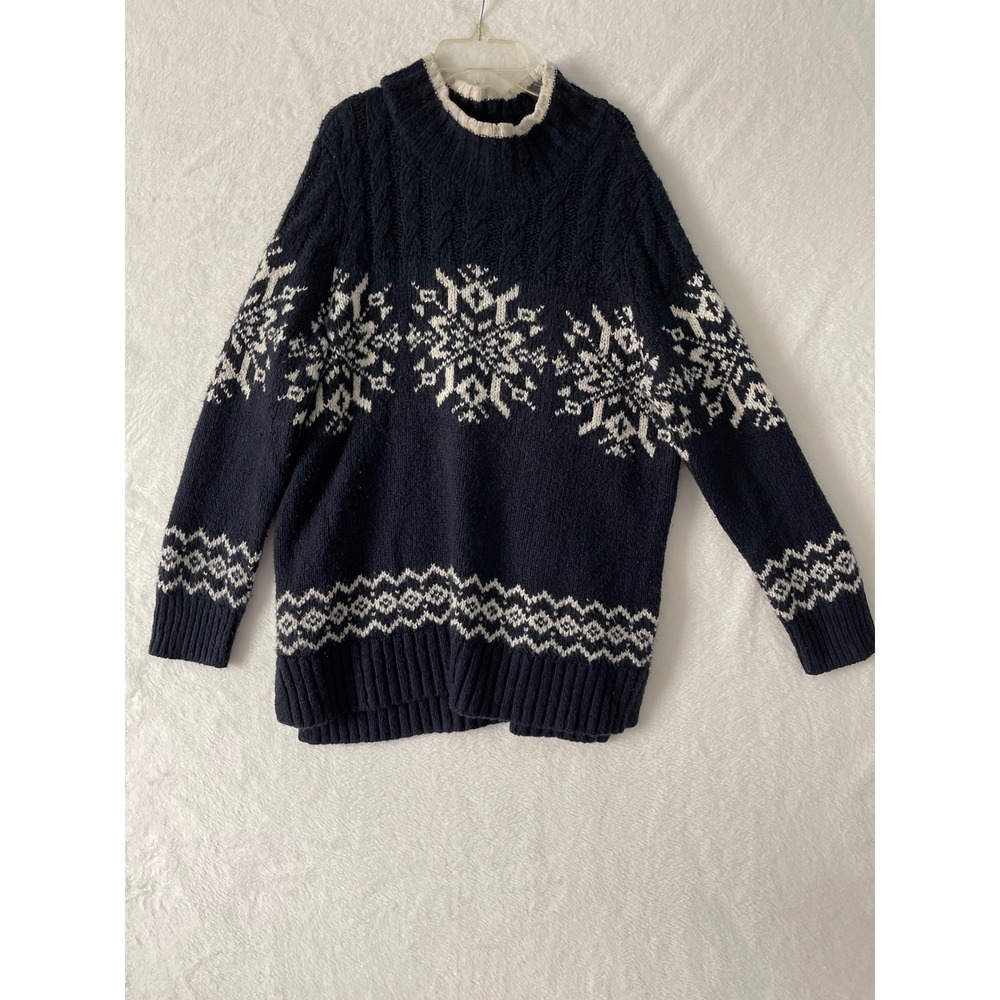 Talbots Womens 1X Navy Blue Snowflake Fair Isle Cable Knit Sweater Fishrman